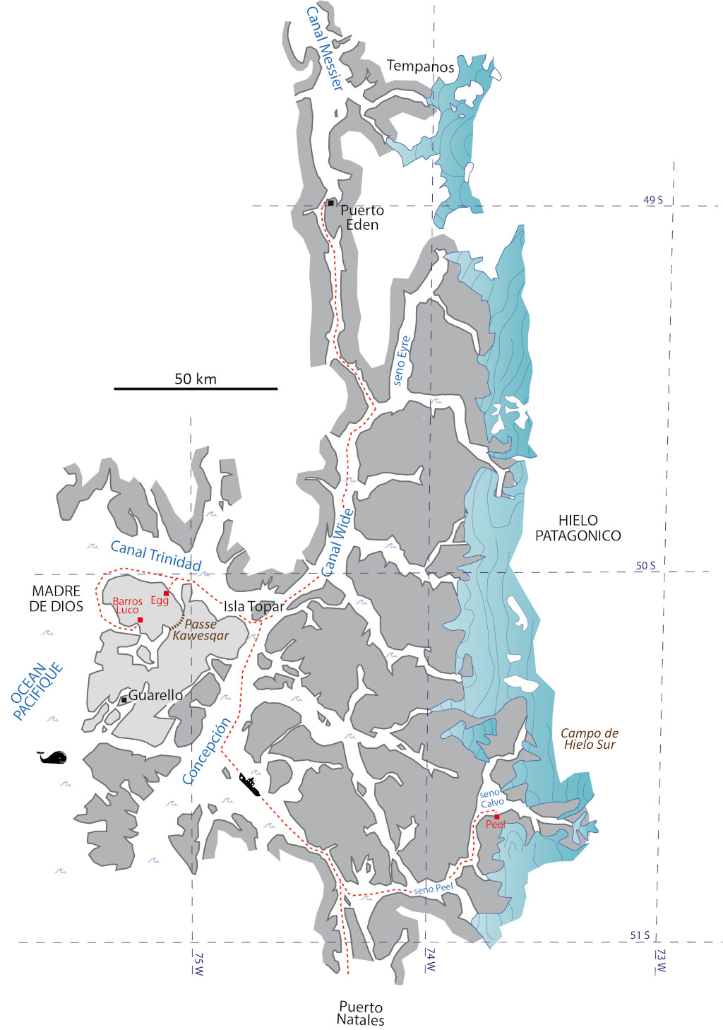 Carte simplifiée des différents objectifs du projet UP2023 avec un départ officiel de Puerto Eden vers les différents camps temporaires du Barros Luco, du Seño Egg et du Glacier Peel