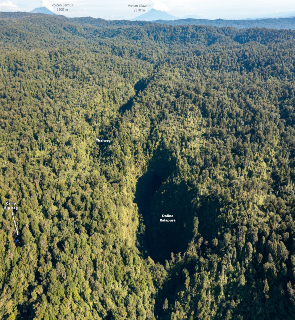 Camp 2, the advanced Big Bag camp and the underground complex Valngau-Ralapusa seen from the sky