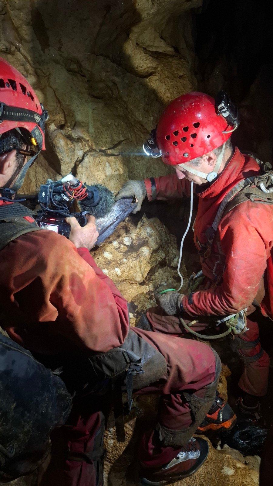 Franck collects underground fauna in front of Yann R.'s camera and Monika poses in front of the camera.